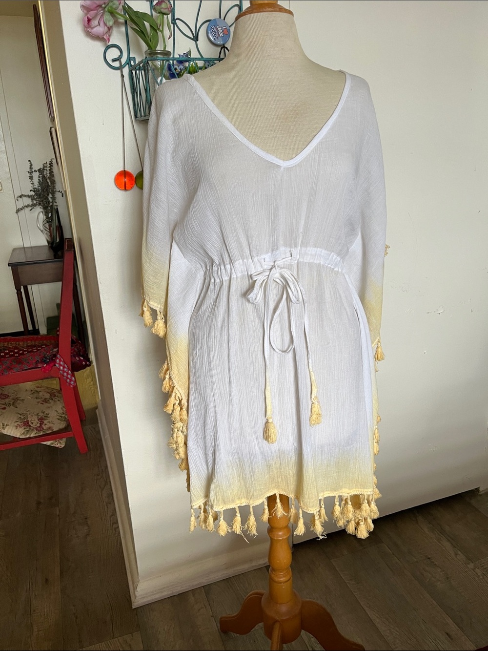 NWT Beach By Exist White Cover-Up Tunic/Kaftan Pale Yellow Accent Size S/M